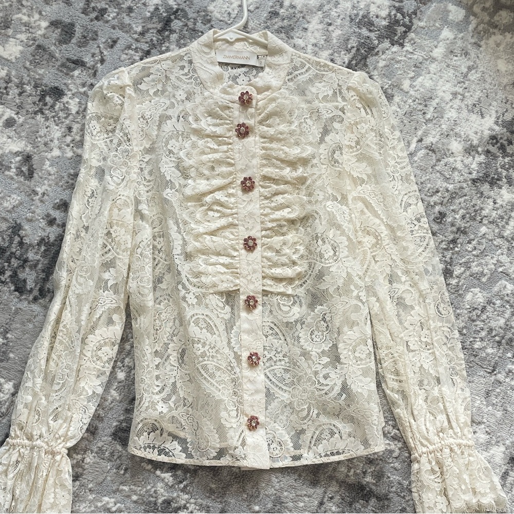 Zimmermann Ivory Lace Blouse with Pink Jewel Buttons